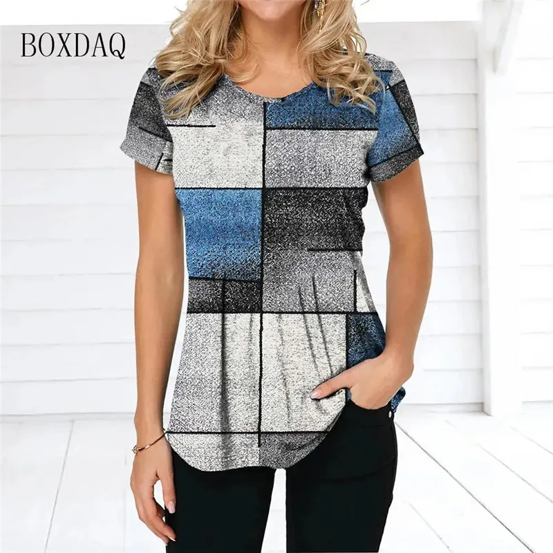 Short Sleeve Plaid 2025 Women T-Shirts Vintage 3d Print Gradient Female new T Shirt 6XL Plus Size Ladies Clothing O-Neck Casual Tops Tee