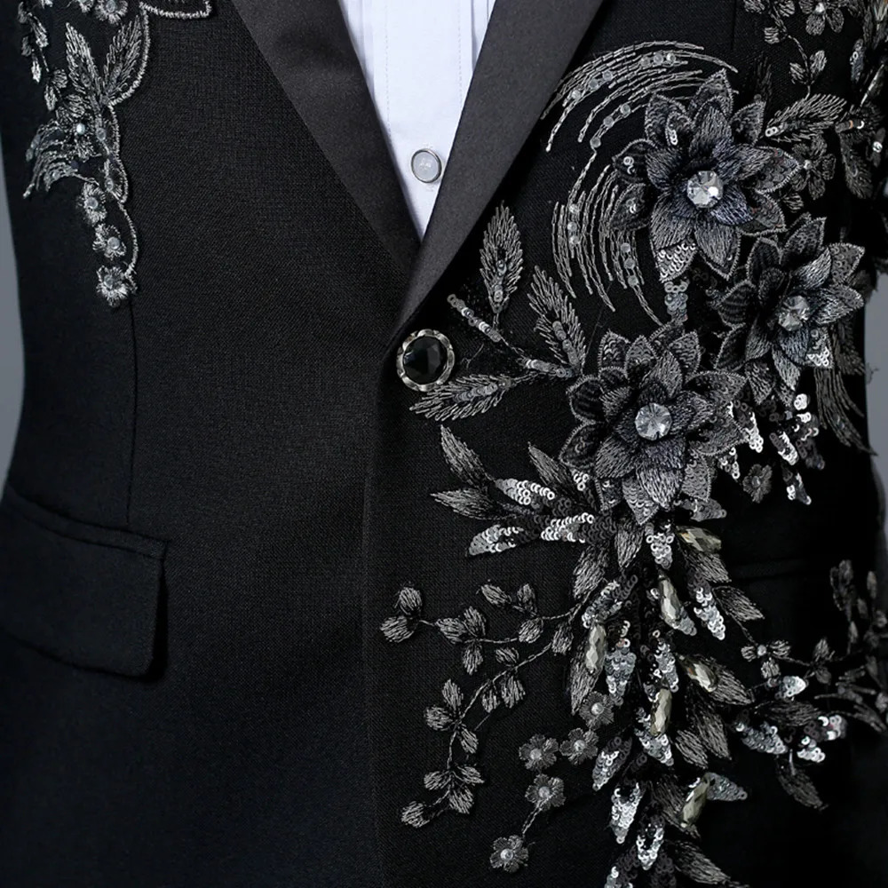 Elegant Appliqued Two-piece Mens Suit for Wedding Banquet Host Dance Prom Christmas Costume Men Blazer Chinese Style 240518