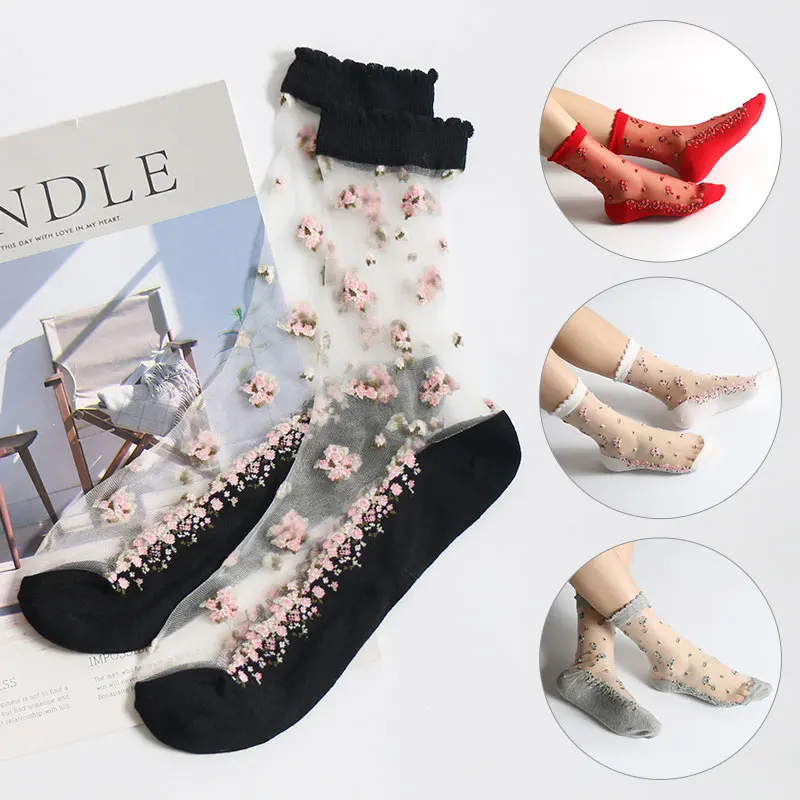 Flower Socks Summer Translucent ddmysmile Women Ultra-Thin Ankle Socks Girl 'S Silk Elastic Mesh Japanese Style Jacquard Short Sockings Smile �