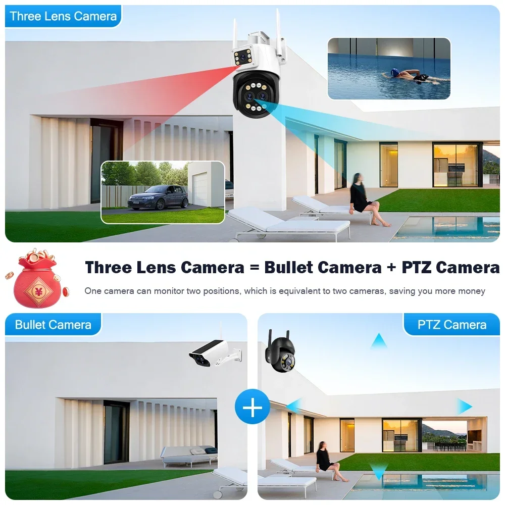 Outdoor 6K 12MP Wifi IP Camera with 10X Optical Zoom Three Len Lens Dual Screen Surveillance 4K 8MP Video CCTV Security Camera