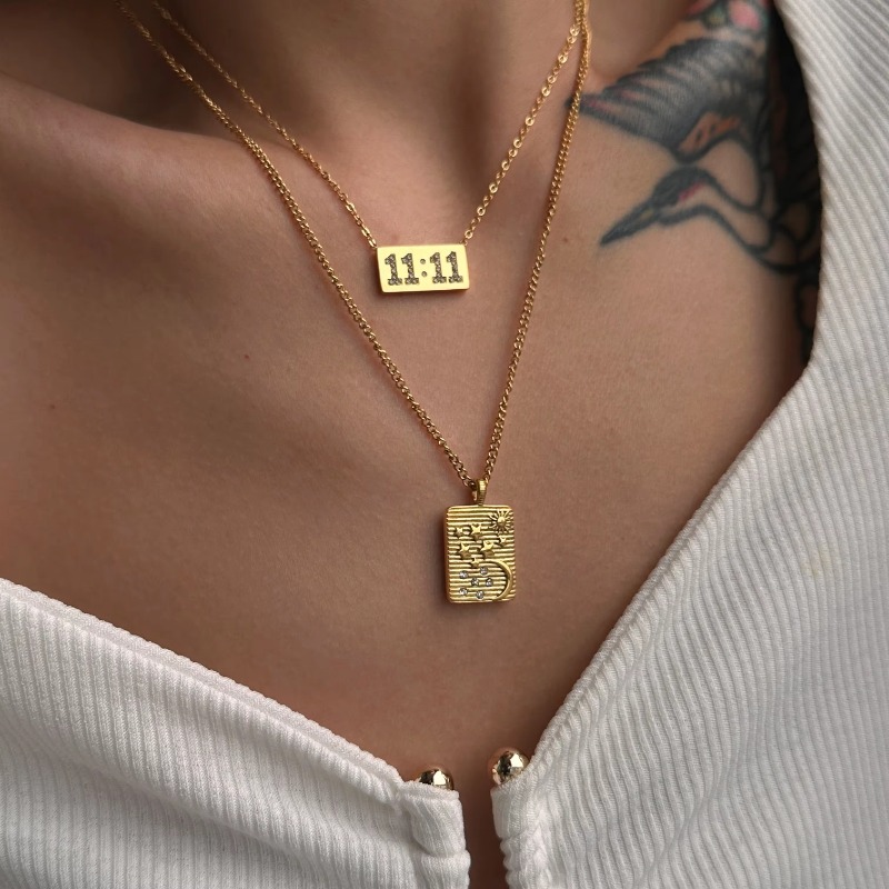 Chain For Man 11 Zircon Alarm Clock Design Square woman necklace Necklace - 18K Gold Plated Tarnish Free Stainless Steel Crystal