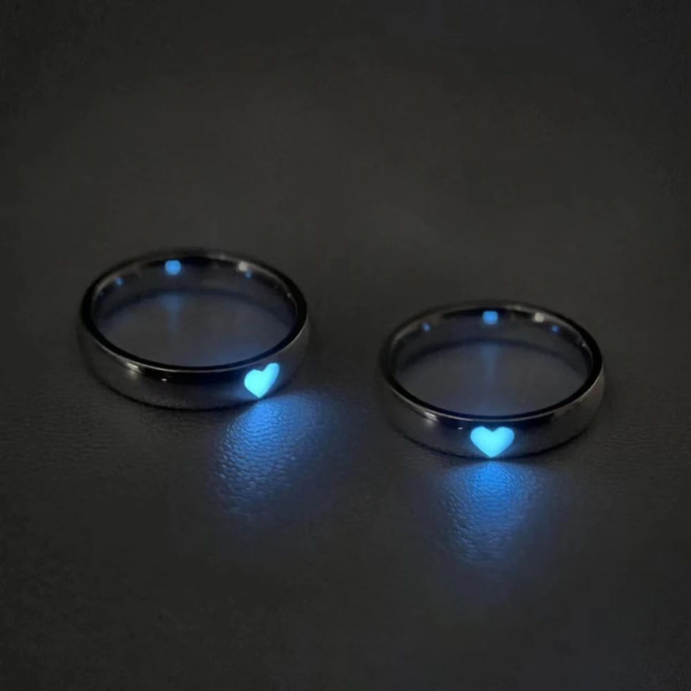 Couples Blue Ring Luminous Pink Light Love Heart Ring Women Men Adjustable Glow In Dark Finger Rings Fluorescent Couple Ring smile