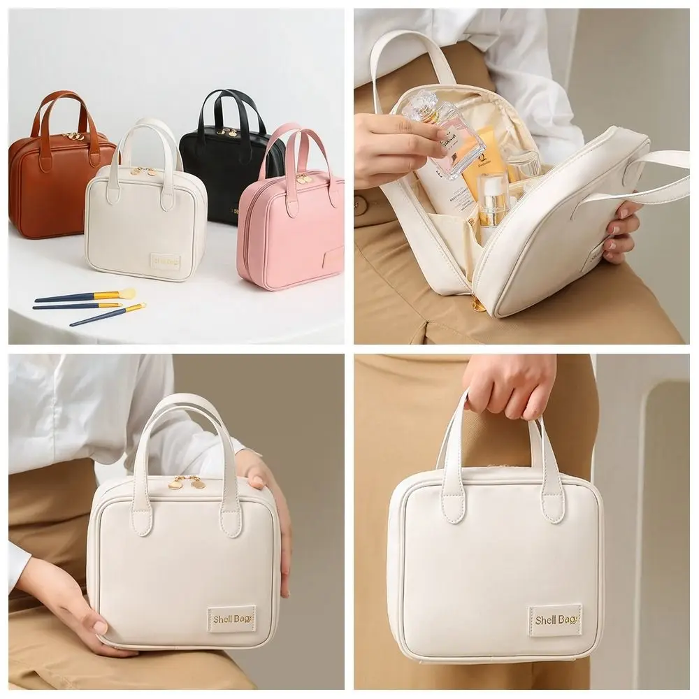 Bags PU Handheld Cosmetic Leather Simple Portable Small Square Bag Makeup Pouch Travel Toiletries Storage Handbag smile