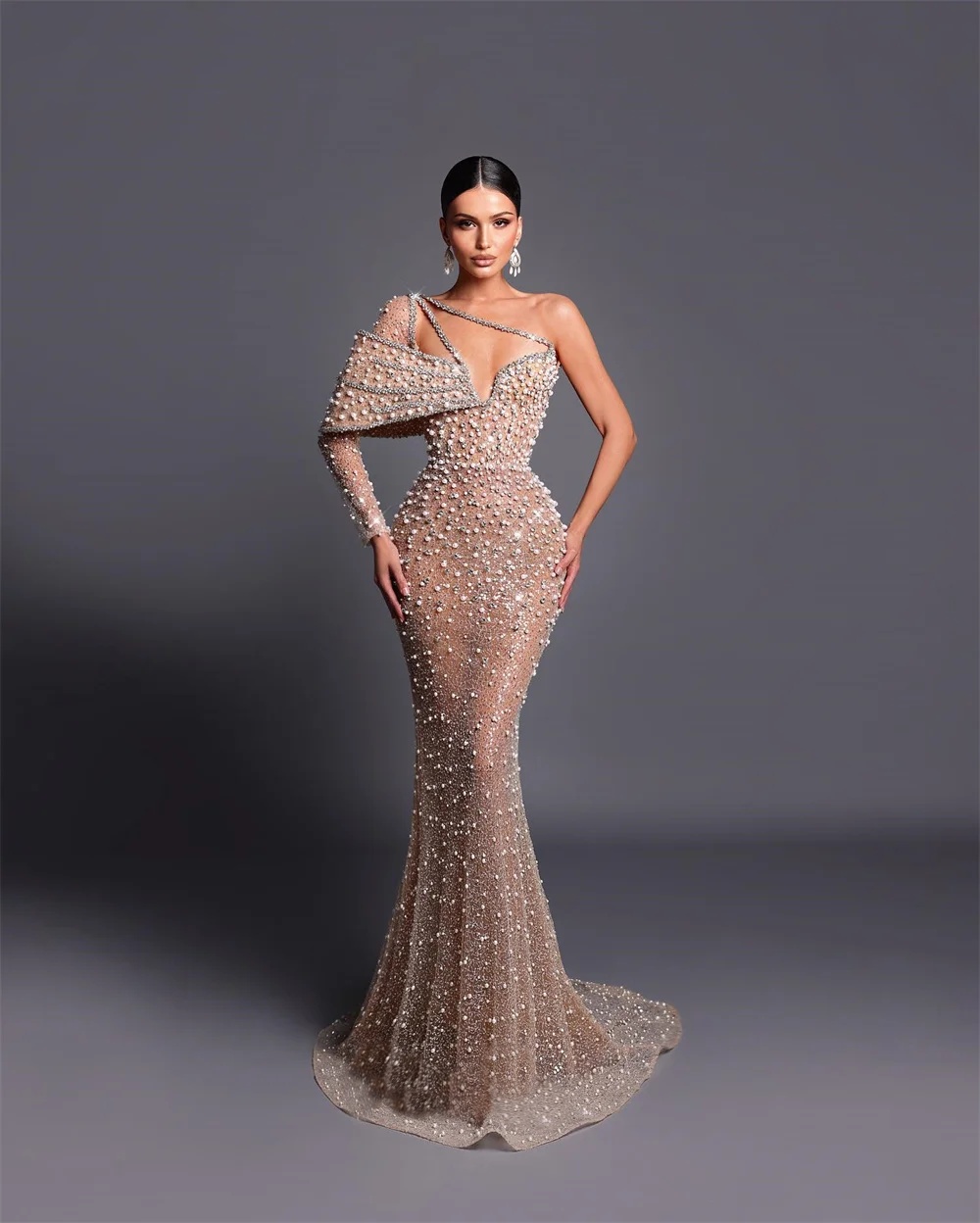 Glamorous Mermaid Wedding Dresses Pearls One Shoulder Bridal Gowns Sequins Rhie Custom Made Sweep Train Bride Vestido de novia