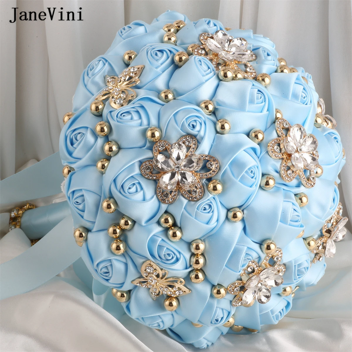 2023 Elegant Light Janevini Blue Flowers Bridal Bouquets God Crystal Beaded Artificial Satin Roses ddmysmile Brides Wedding Bouquet Smile
