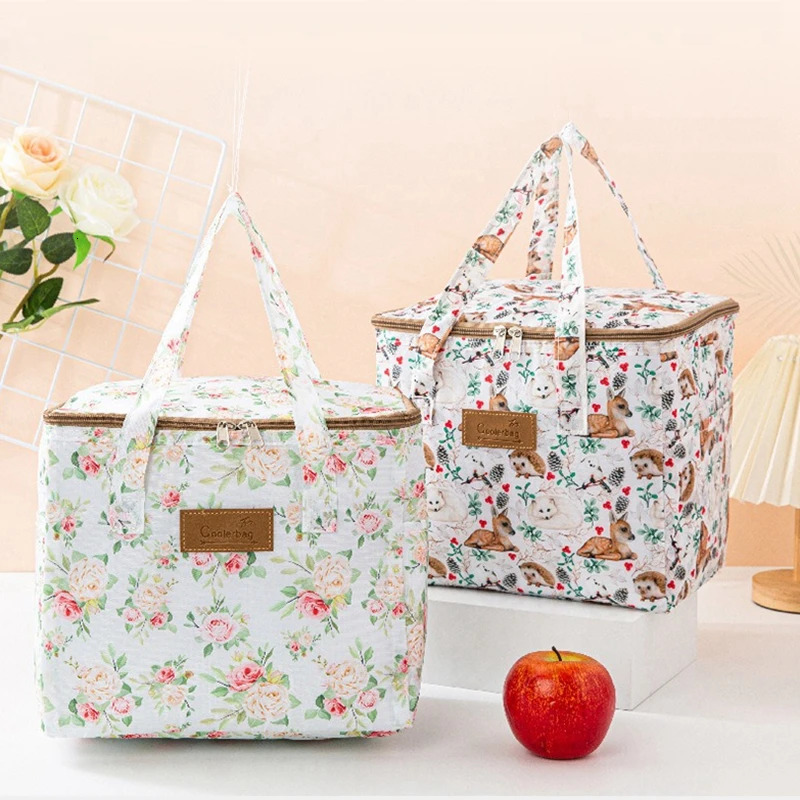 BYMONDY Square Large Cooler Bag for Women Floral Lunch Bags Picnic Food Meal Storage Container Family Party Lunch Box Portable 240514