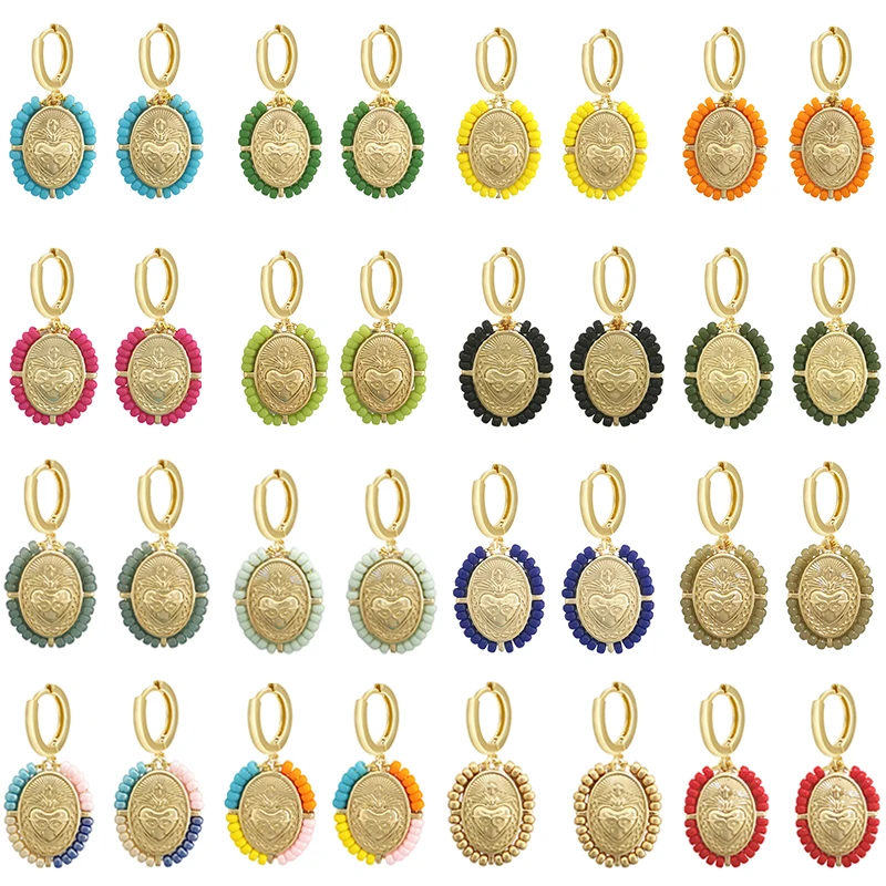 Earrings Hoop QMHJE Dangle Women Virgin Mary Scared Heart Cross Mom Circle Hand Seed Beads Chain Yellow Gold Color Rainbow Boho smile