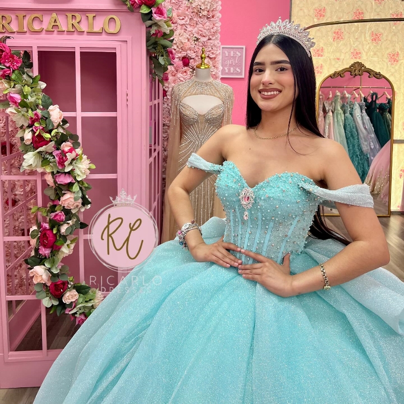 Aqua Blue Shiny Princess Quinceanera Dresses Off The Shoulder Beads Crystal Tull Corset Lace-up vestidos de 15 anos Prom Sweet 16