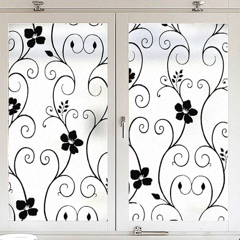 Window Glass Roll 1 Sticker Frosted Simple Black Flower Pattern Waterproof UV Protector Matte Window Paster Films Frosted Decal smile