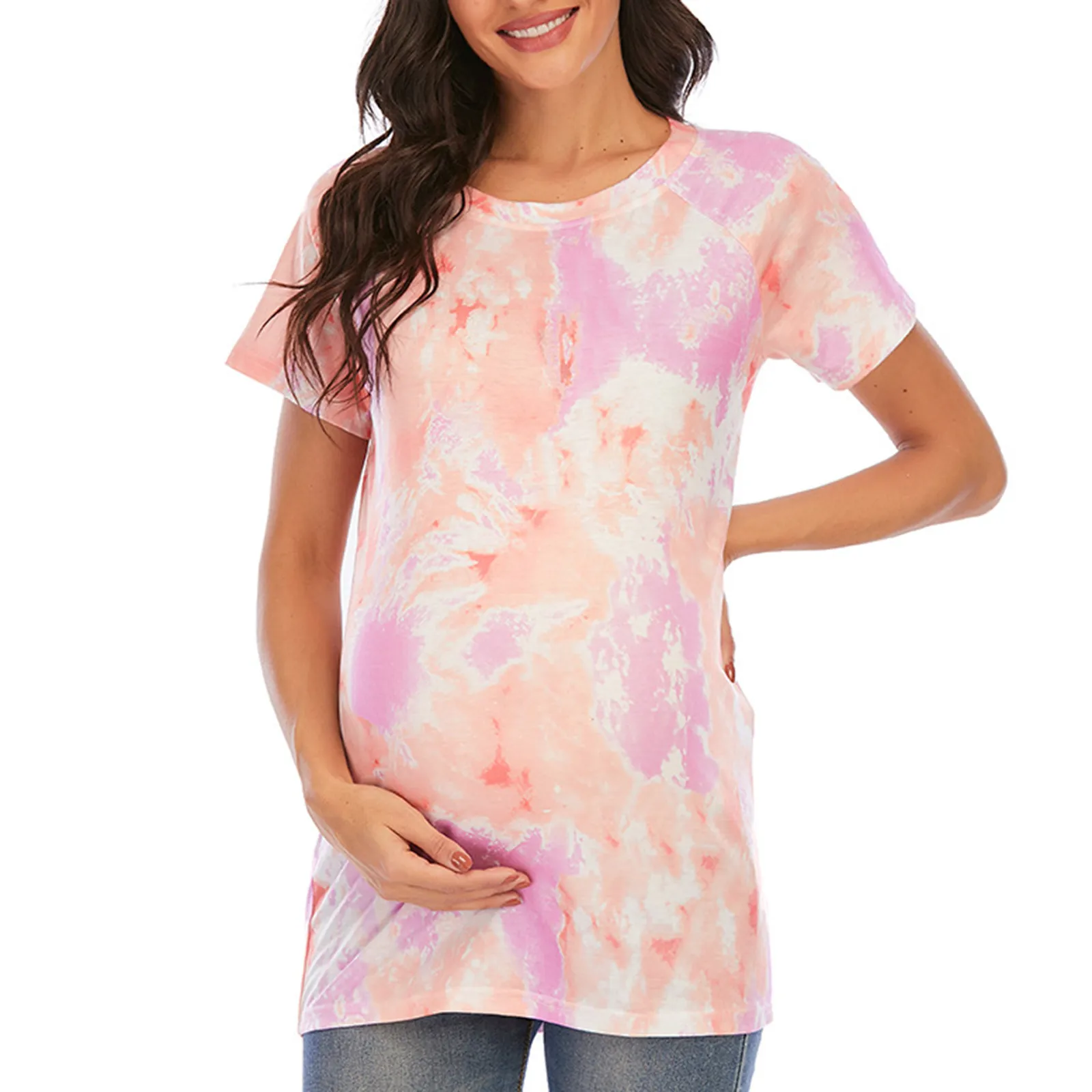 Maternity Shirts Women Pregnancy Short Sleeve T-shirt Tie-dye Tops Blouse Pregnant Casual Camiseta Embarazo Maternity T Shirt smile