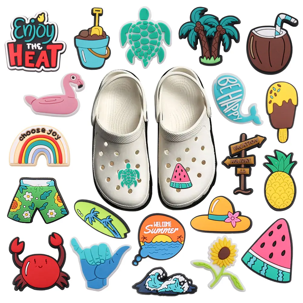 1-20Pcs PVC Welcome Summer Crab Hat Coconut Fruit Sandals Shoe Buckle Charms Kids Decorations new DIY 2025 Holiday Gift
