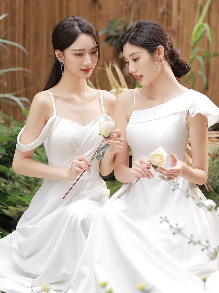 for Elegant Bridesmaid Dresses Women Korean Stylish One Shoulder A-Line Sister Group Gown Lady Simple White Party Dress smile