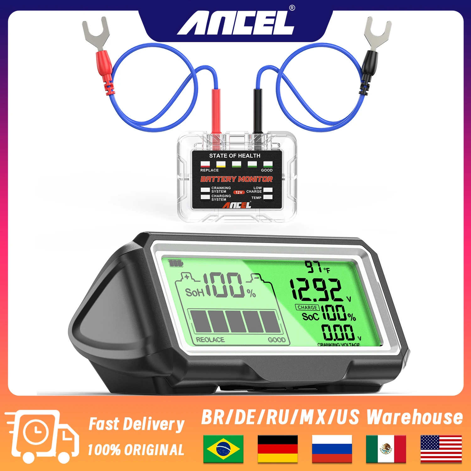 ANCEL BM200 PRO 12V LED Professional Battery Tester Monitor Head-Up Display Waterproof SOH SOC Battery Capacity Analyzer Tools