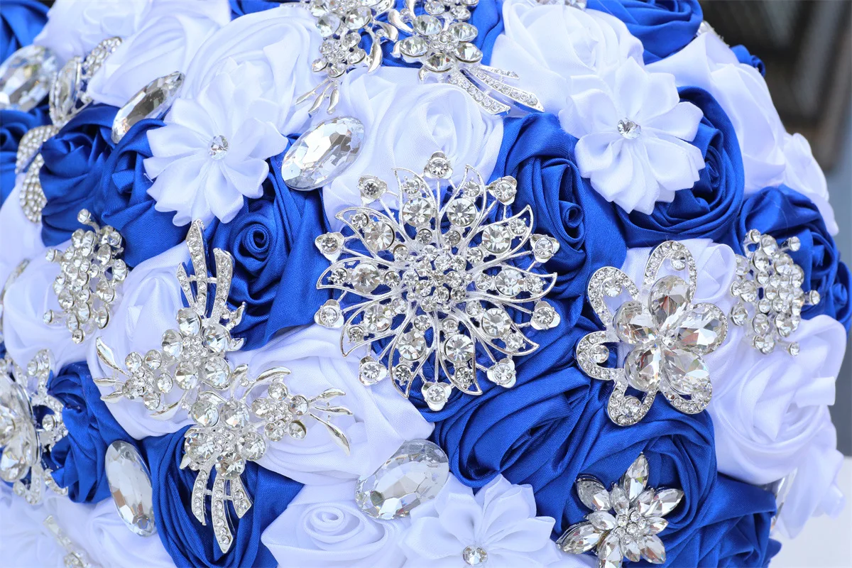 JaneVini Royal Blue White Satin Flowers Waterfall Bridal Bouquets Sparkly Crystal new Cascading Bouquet Accessories 2025 for Bride