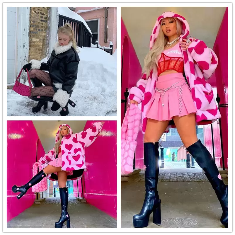 RIBETRINI Brand Candyfloss Love Knee High Platform Boots Chunky High Heels Party Dress Trendy Heart Print Autumn Shoes Woman 22