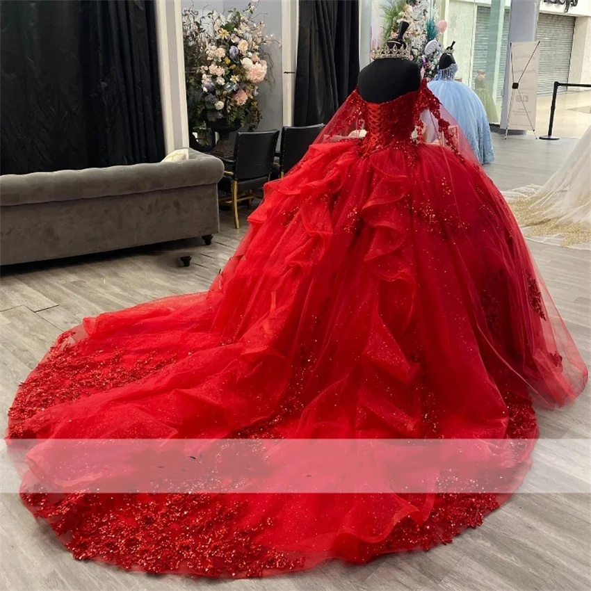 Red Quinceanera 2024 Ball Gown Floral Applique Crystal Lace Sweet 16 Dresses Custom-Made 15Th Birthday Party