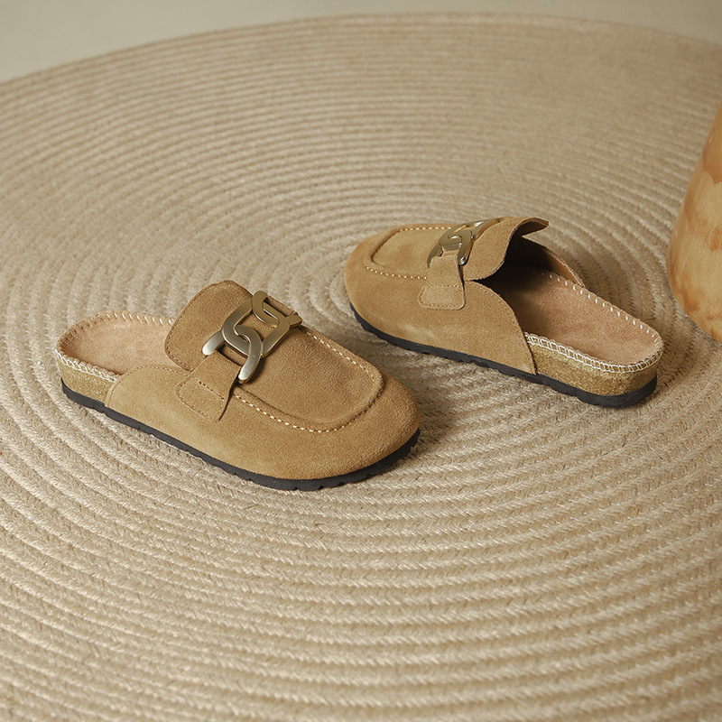 Chain Metal Slippers Woman Nubuck Leather Flat Sandals Cover Toe Mules Femme Cork Slides Outside Clogs Sandalia Ladies Flipps