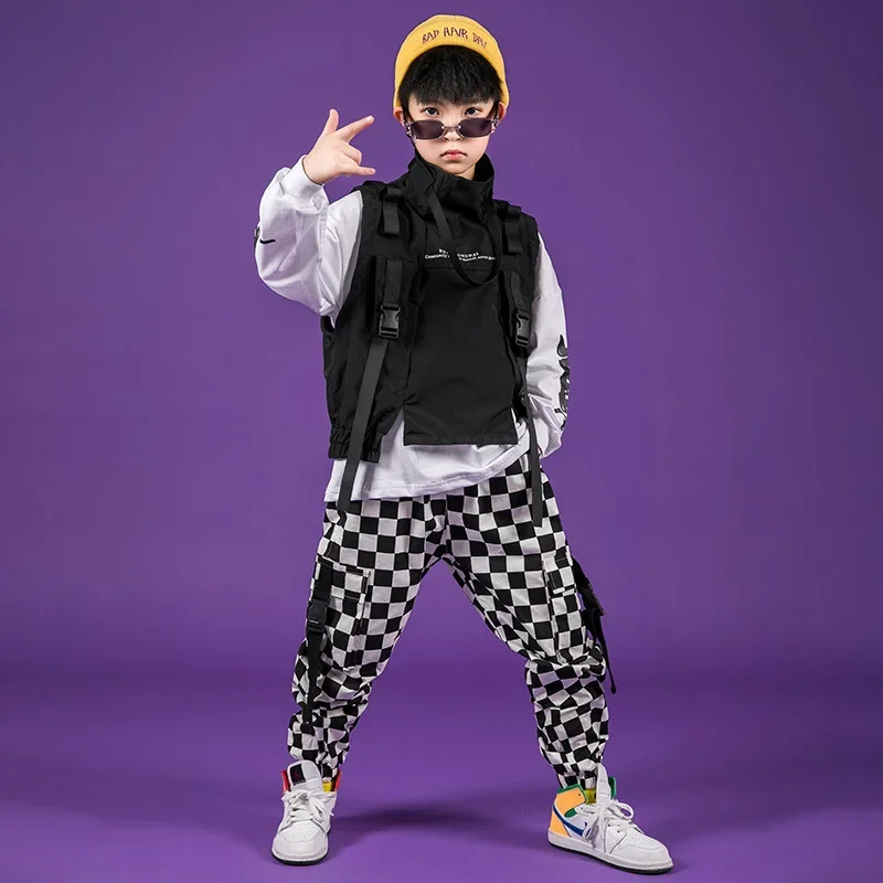 Hop Boys High Hip Collar Vest Sweatshirt Plaid Joggers Outfits Girls Cargo Pants Clothes Sets ddmysmile Child Jazz Costume Kids Streetwear Smile