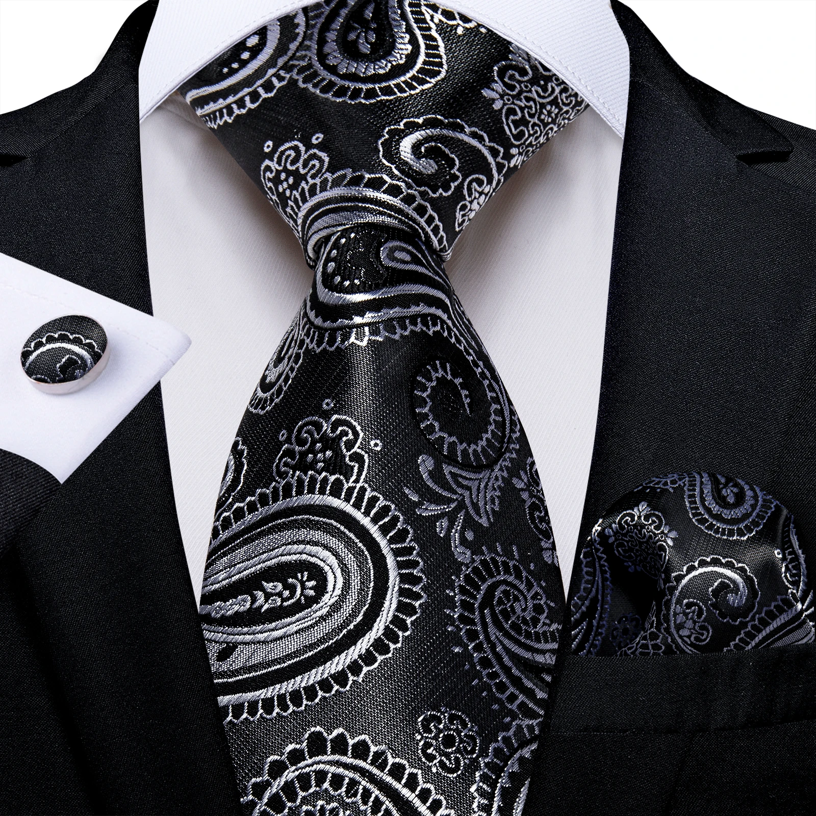 Sier Black 2023 And New Paisley Silk Ties For Men Wedding ddmysmile Groom Accessories 8Cm Necktie Handkerchief Cufflinks Gift Smile