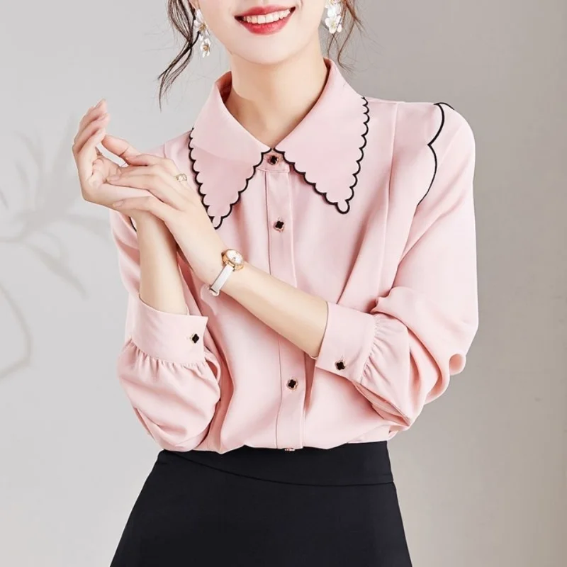 Women's Commuting Simplicity Versatile Clothing Autumn and Winter New Splice Buttons POLO Collar Long Sleeved Solid Color Shirt smile