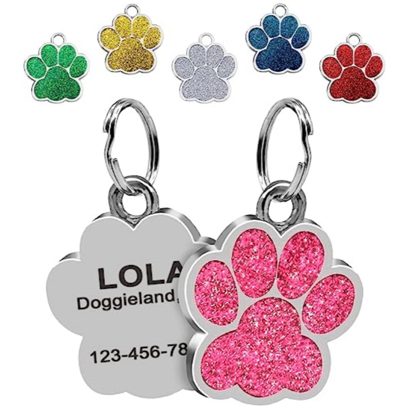 Personalized Dog Cat CustomTags Engraved Puppy Pet ID Name Collar Tag Stainless Steel Paw Glitter Pendant Pets Dogs Accessories