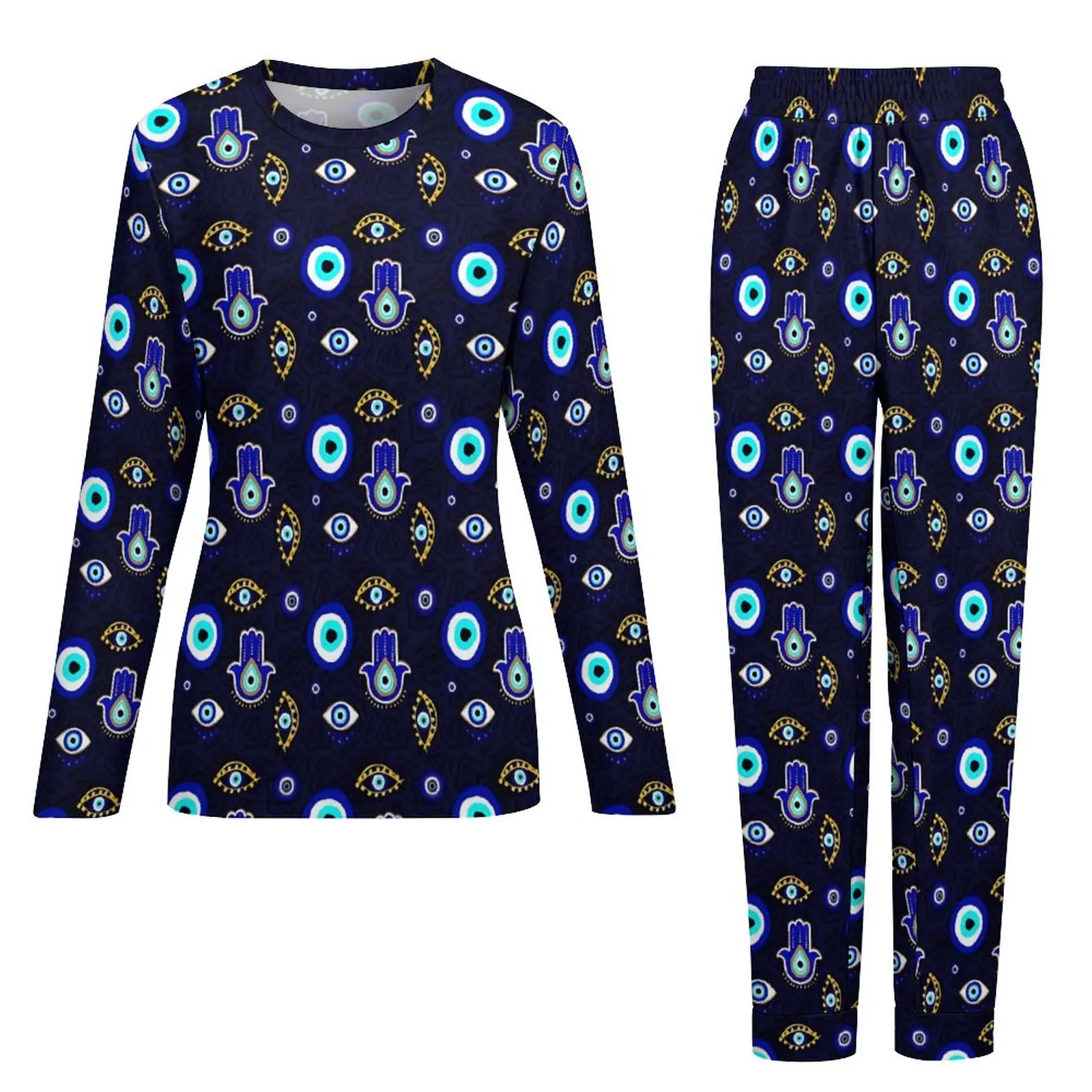 Pamas Evil Eye Print Hamsa Hand Romantic Pama Sets ddmysmile Womens Long Sleeves Room Sleepwear Big Size 5Xl 6Xl Smile