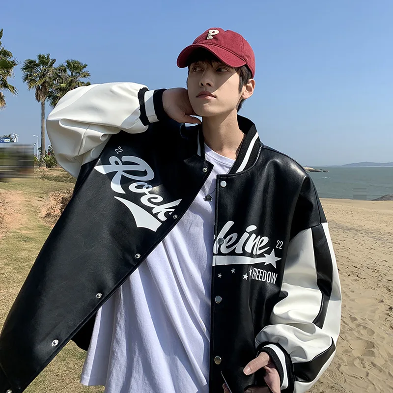 American Vintage Leather Jacket Men Spring Patchwork Letter Print Biker Baseball Jackets Unisex Y2k Streetwear Bomber Coat 2023