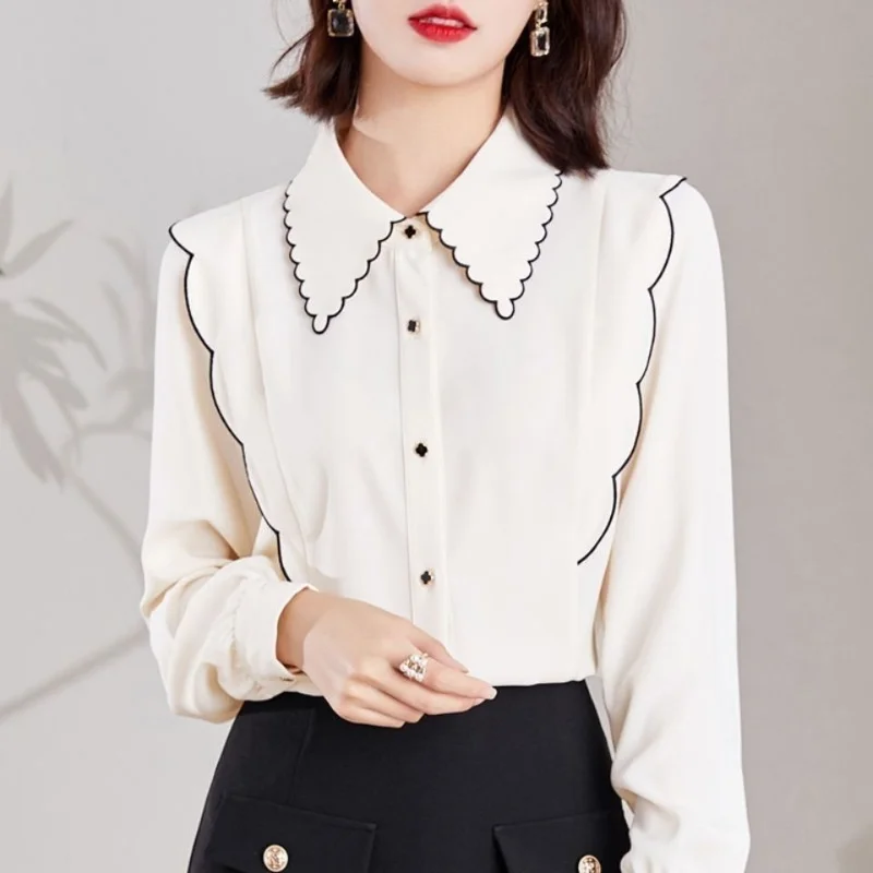 Women's Commuting Simplicity Versatile Clothing Autumn and Winter New Splice Buttons POLO Collar Long Sleeved Solid Color Shirt smile