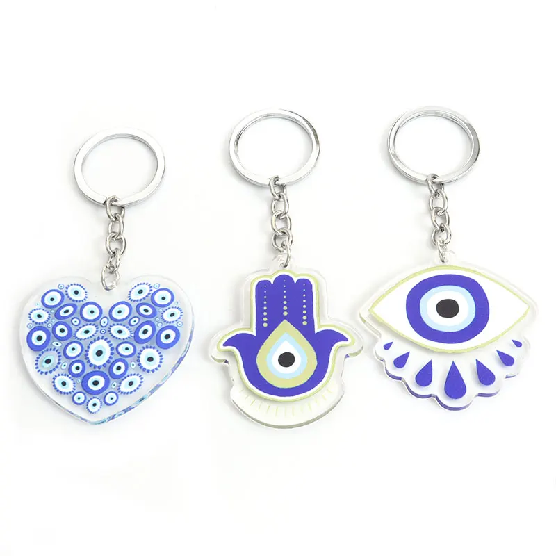 Blue ddmysmile Evil Eye Turkish Hamsa Hand Acrylic Keychain Mysterious Eyes Fatima Hand Keyring Bag Keys Pendant Men Women Jewelry Amulet Smile