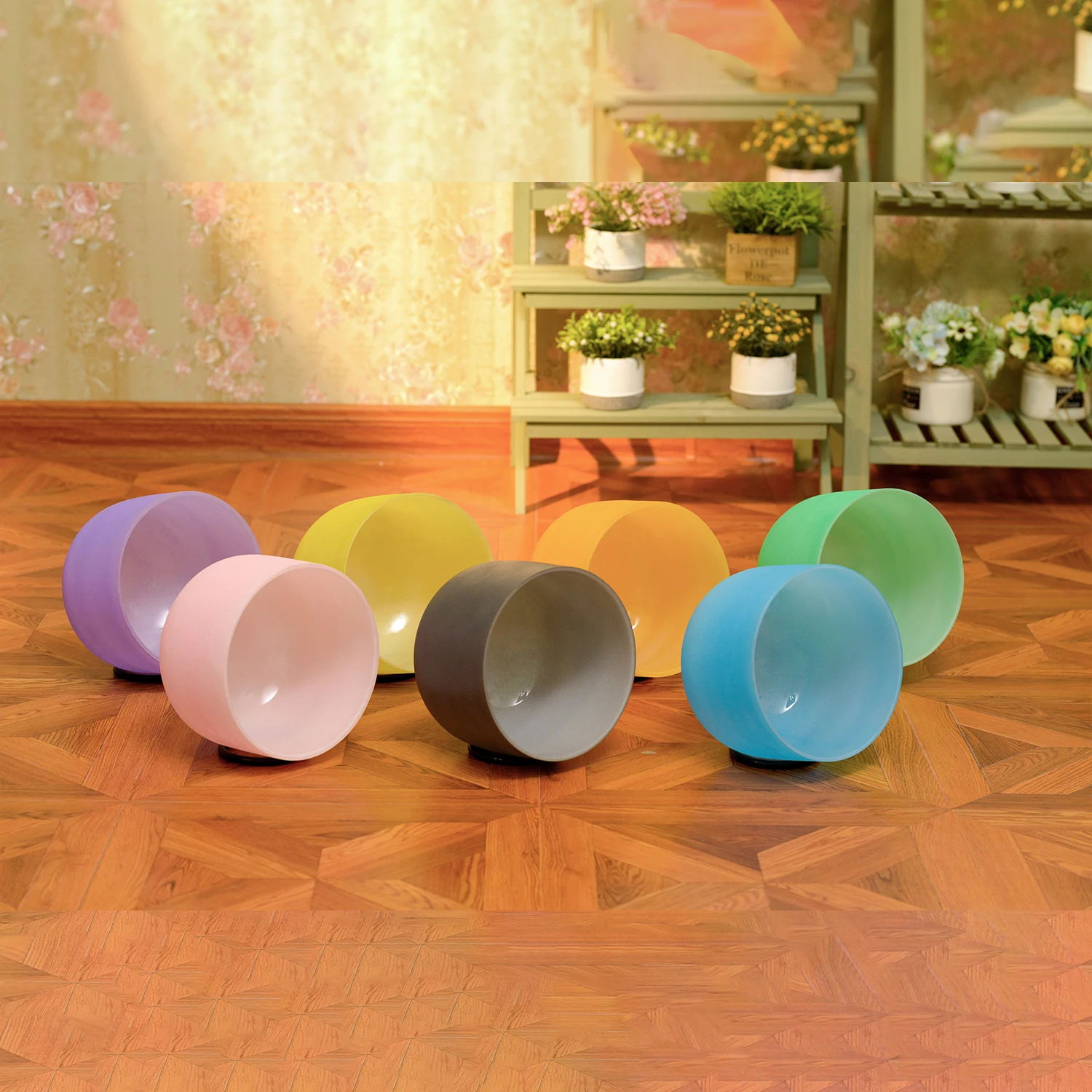Hye-eun 7-12 Inch Colored Chakra Frosted Quartz Crystal Singing Bowl Set 7 pcs With/without Carring Case Suede Sticks Mallet