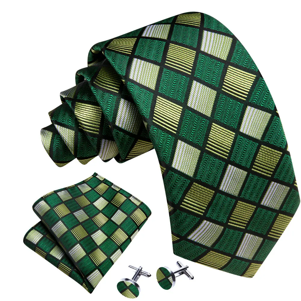 Men's Tie Brown Green With Pocket Square Cufflink Set New Plaid Silk Suit Necktie For Male Formal Designer Party Barry.Wang 6645 smile
