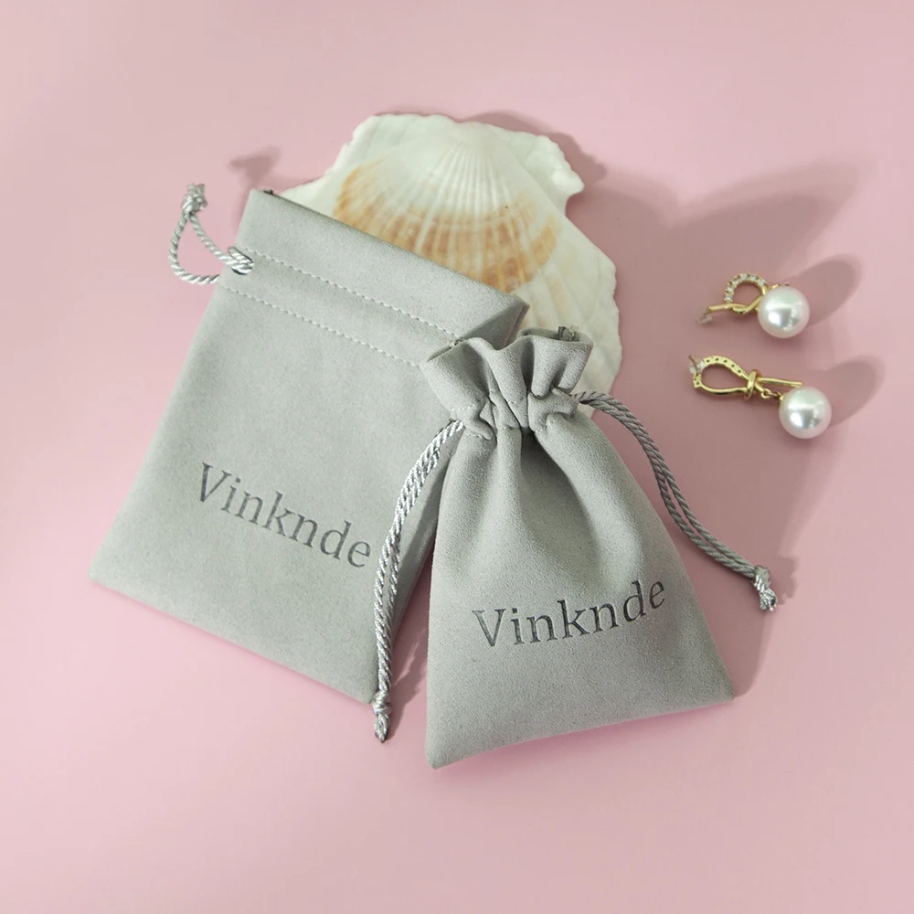 50pcs Jewellry Gift Microfiber Bags Personalized Grey Veet Drawstring Packaging Organizer Pouch for Wedding Party Favor smile