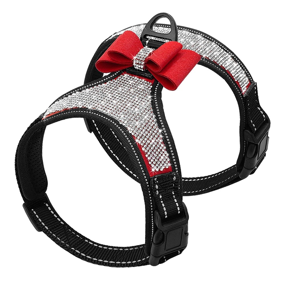 Pet Dog Harness Reflective Nylon Pitbull Pug Small & Medium Harnesses Vest Bling Rhinestone Dog Bowknot Supplies