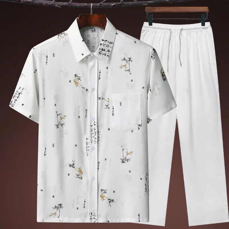 Summer Chinese style Sets Cotton linen Men Tang suit Print short-sleeved trousers suit Hanfu traditional kung fu Tai Chi Uniform 240518