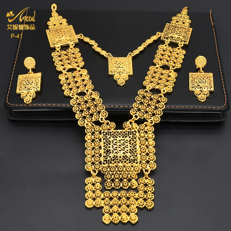 ANIID African 24K Gold Color Jewelry Sets Wedding Dubai Necklace Earrings For Women Nigerian Indian Bridal 2PCS Set Party Gifts