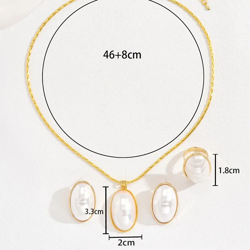 Oval Korean Pearl Chain Necklace Earring Ring Set For Women Natural Pearl Gold Plated Adjustable Ring Jewelry Set smile