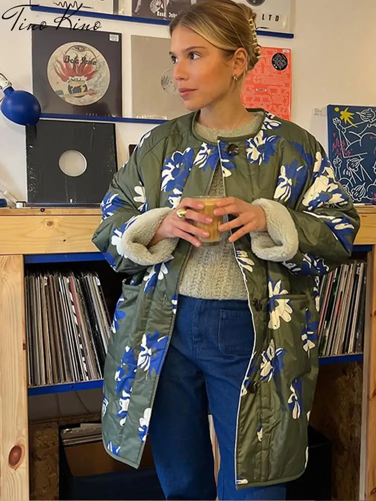 Print Jacket Women Thick Lambswool Long Sleeve Single Breasted Female Coat 2023 Autumn Winter New Big Pocket Lady Outwear smile