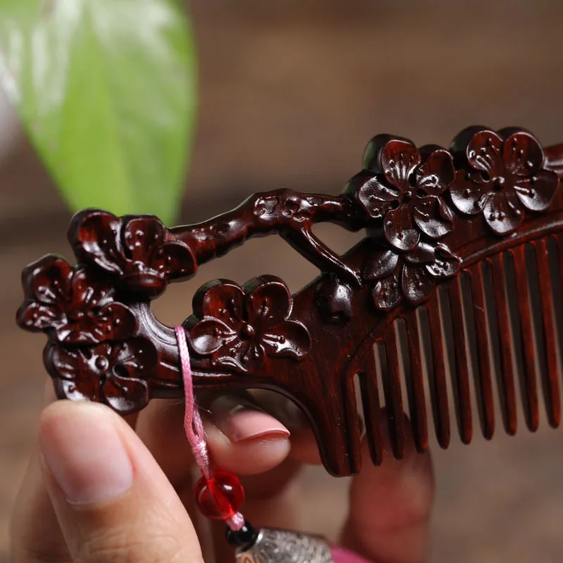 Natural Wooden Comb Add Box Sandalwood Comb Portable Mahogany Anti Static Chinoiserie Woman's Gift Hollow Carved Massage Comb