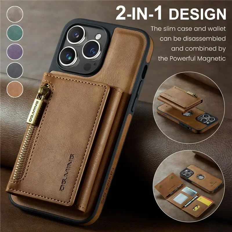 Magnetic Zipper Two-in-one Leather Wallet Card Phone Case for Samsung Galaxy S24 S23 FE S22 Plus S21 Ultra Purse Flip Cover Etui smile