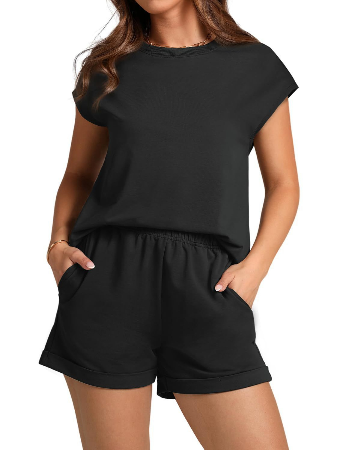 2 Piece Sets for Women Casual Summer Lounge Set Cap Sleeve Tops and Elastic Waist Shorts Tracksuit