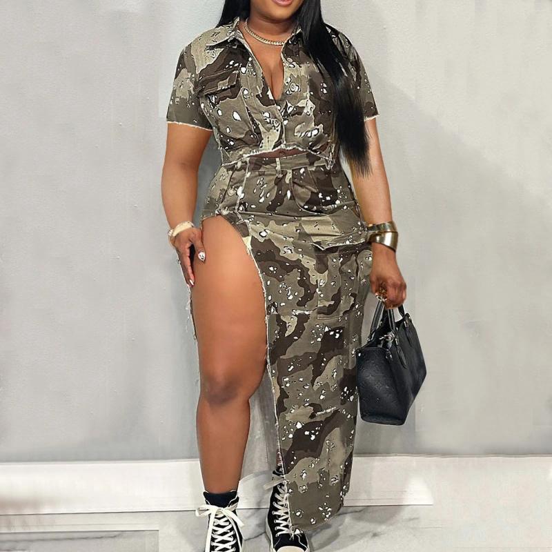 Work Dresses Two Piece Set Camouflage Skirt Sets Short Sleeve Shirts Crop Top Hight Waist Split Skirts Suit Streetwear Summer Outfits