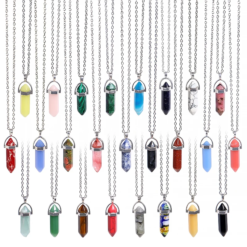 Hexagonal Natural ddmysmile Necklace Stone Bullet Necklaces Healing Crystal Quartz Lapis Bullet Pendulum Chakra Jewelry Chain Necklace Smile