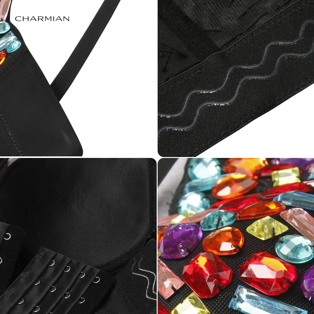 Crop Charmian Clubwear Party Top Bra Women's Sexy Punk Push Up Spaghetti Straps Rhinestone Beaded Studded Party ddmysmile Bustier Bra Tops Smile