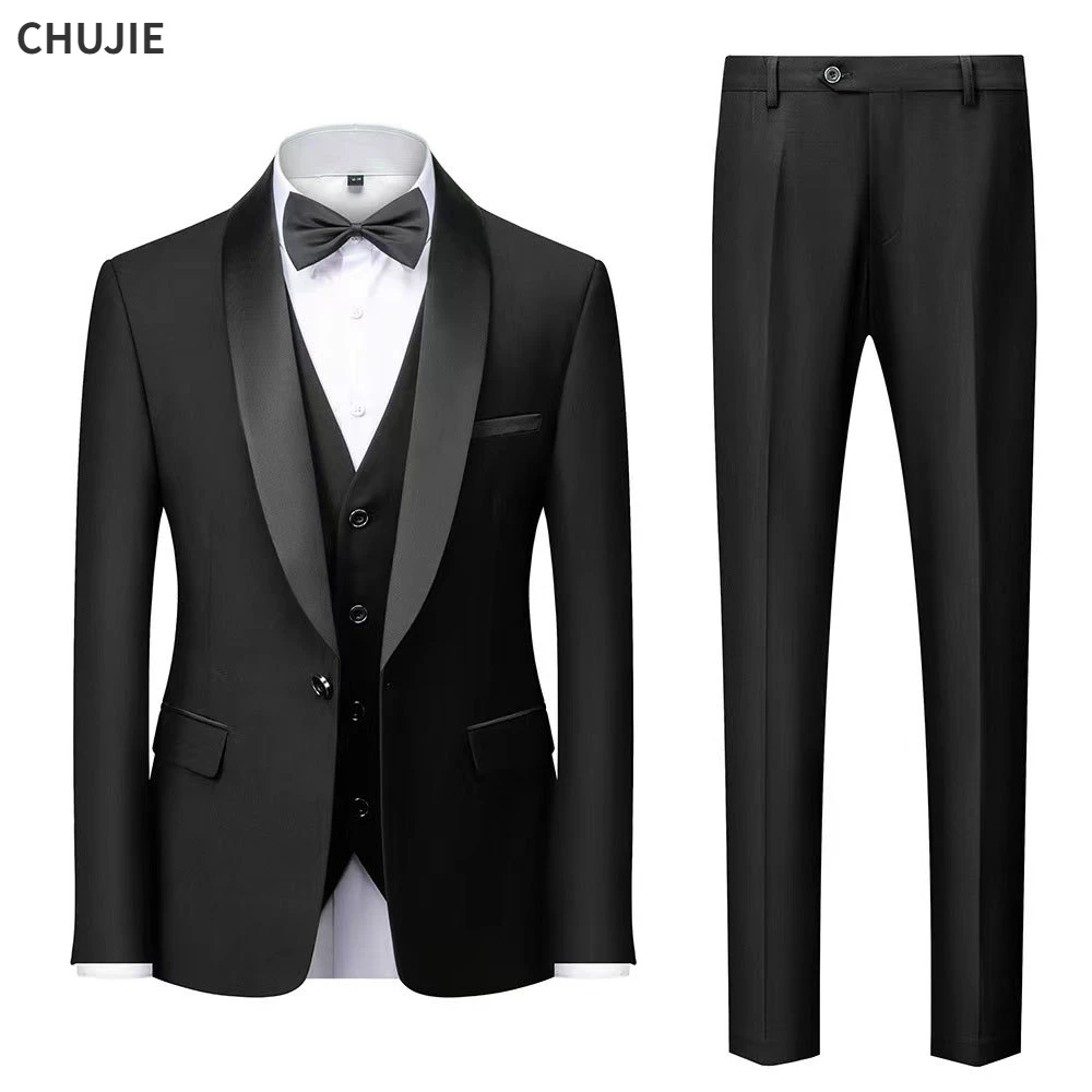 High Quality Men Suit Wedding 3 Pieces Set Elegant Blazers Shawl Collar Jacket Pants Vest Formal CoatSkinny Dress smile