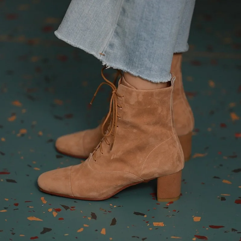 Modern Women's Ankle Boots Winter Shoes Thick Heel Woman Boots Simple Style Women Shoes On Heel Kid Suede French Retro Shoes