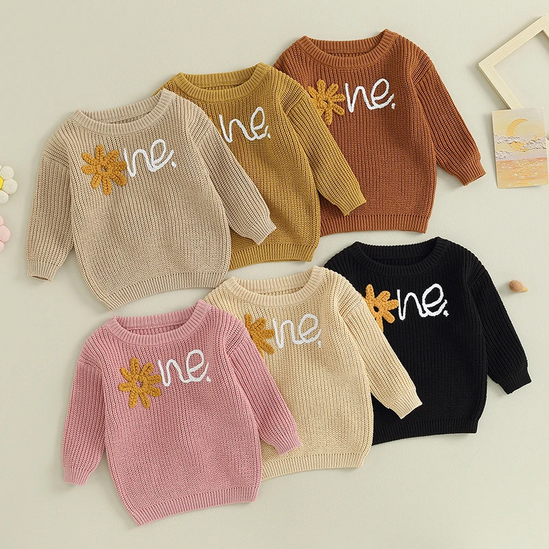 Lioraitiin 6-24M Autumn 2023-08-02 Girl Baby Sweater Flower Letter Pattern Long Sleeve Round Neck Knitwear Pullover smile