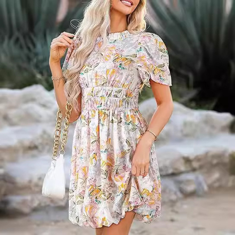 Floral Print Short Sleeve Flared Midi Dress summer dresses for women Bohemian round neck puff sleeves tie back gathered high waist beach floral mini d