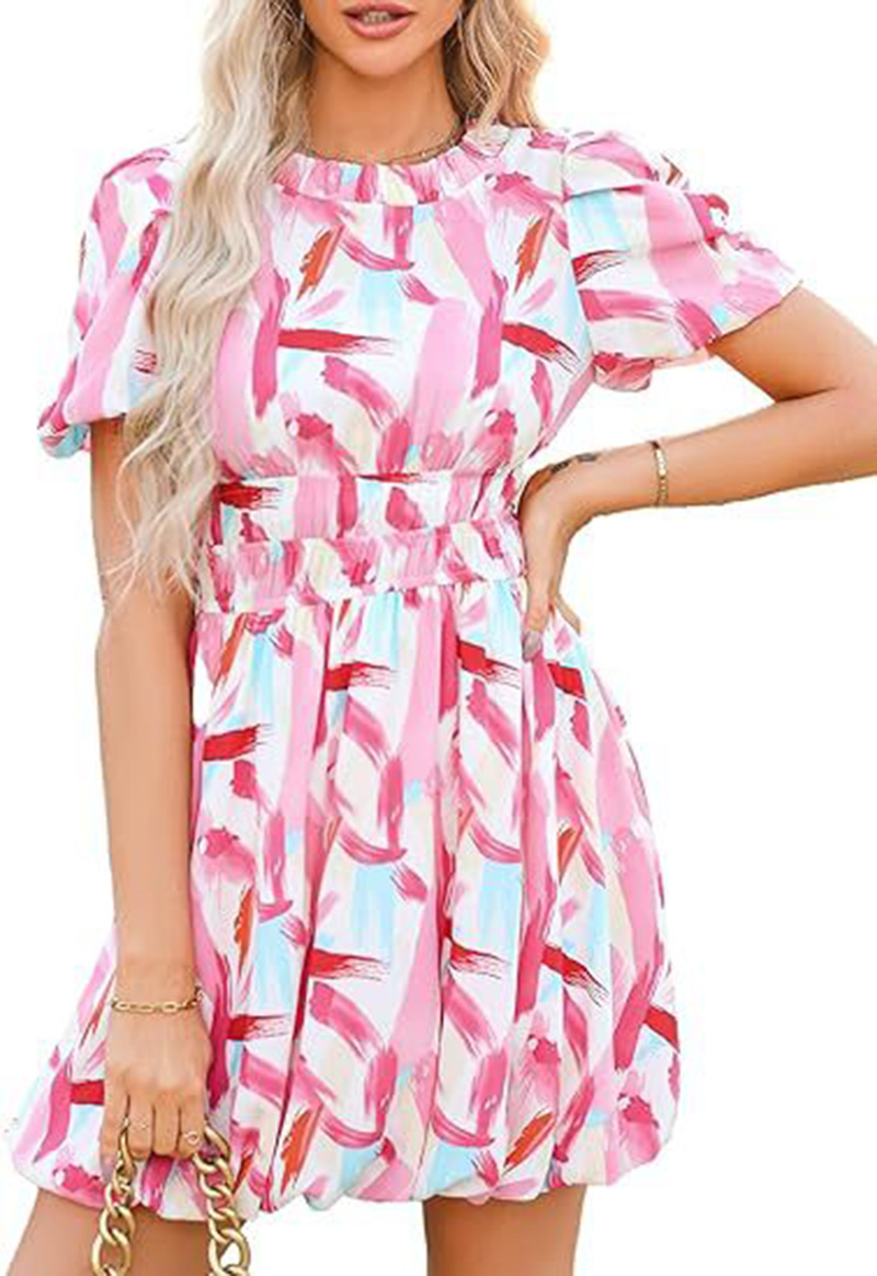 Floral Print Short Sleeve Flared Midi Dress summer dresses for women Bohemian round neck puff sleeves tie back gathered high waist beach floral mini d