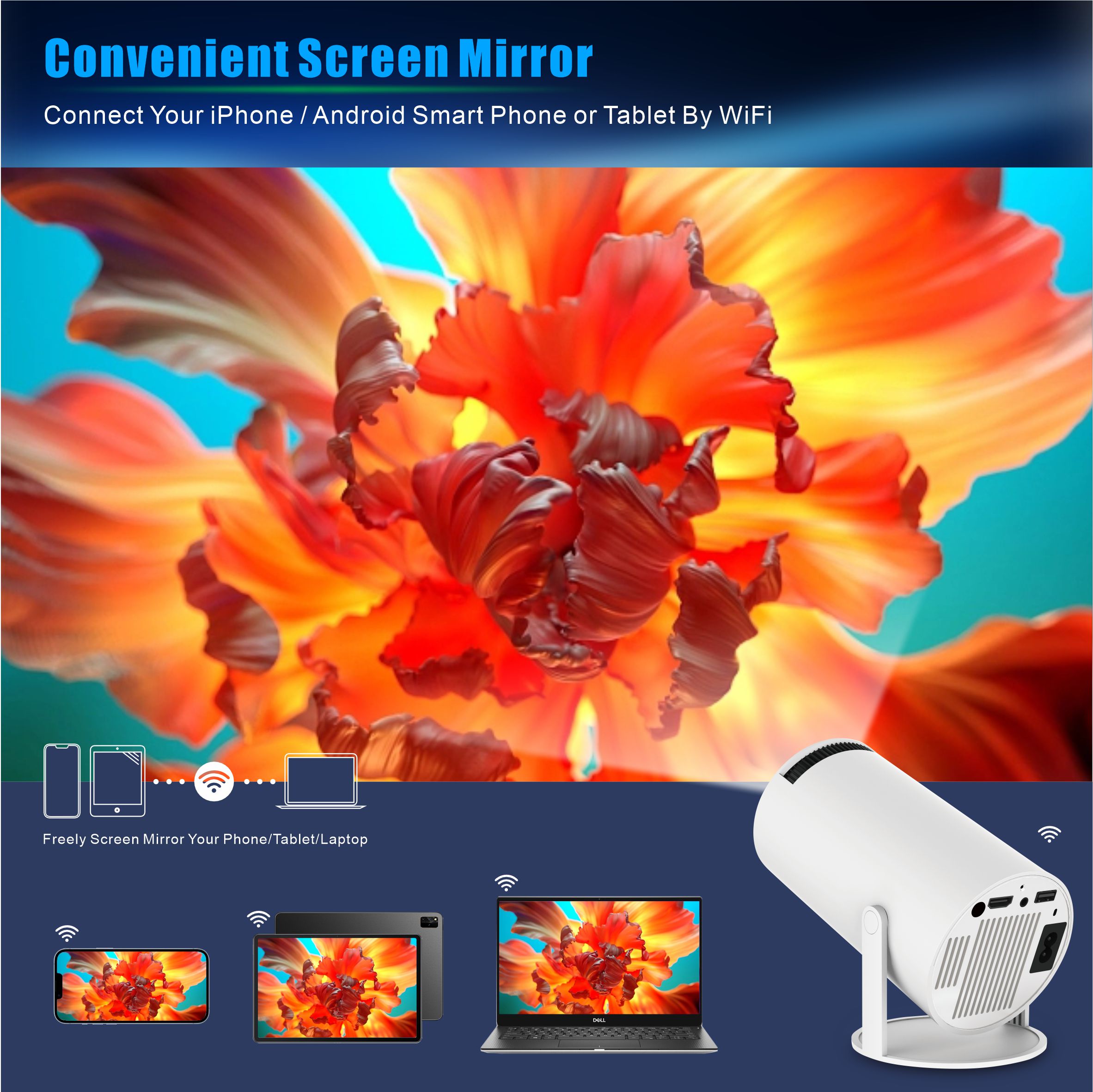 HY300 Pro Portable Projector BT 5.0 Android 11.0 With 2.4/5G WiFi6 Round Design Movie Projector 40"-130" Screen,180° Flip PK Android TV BOX