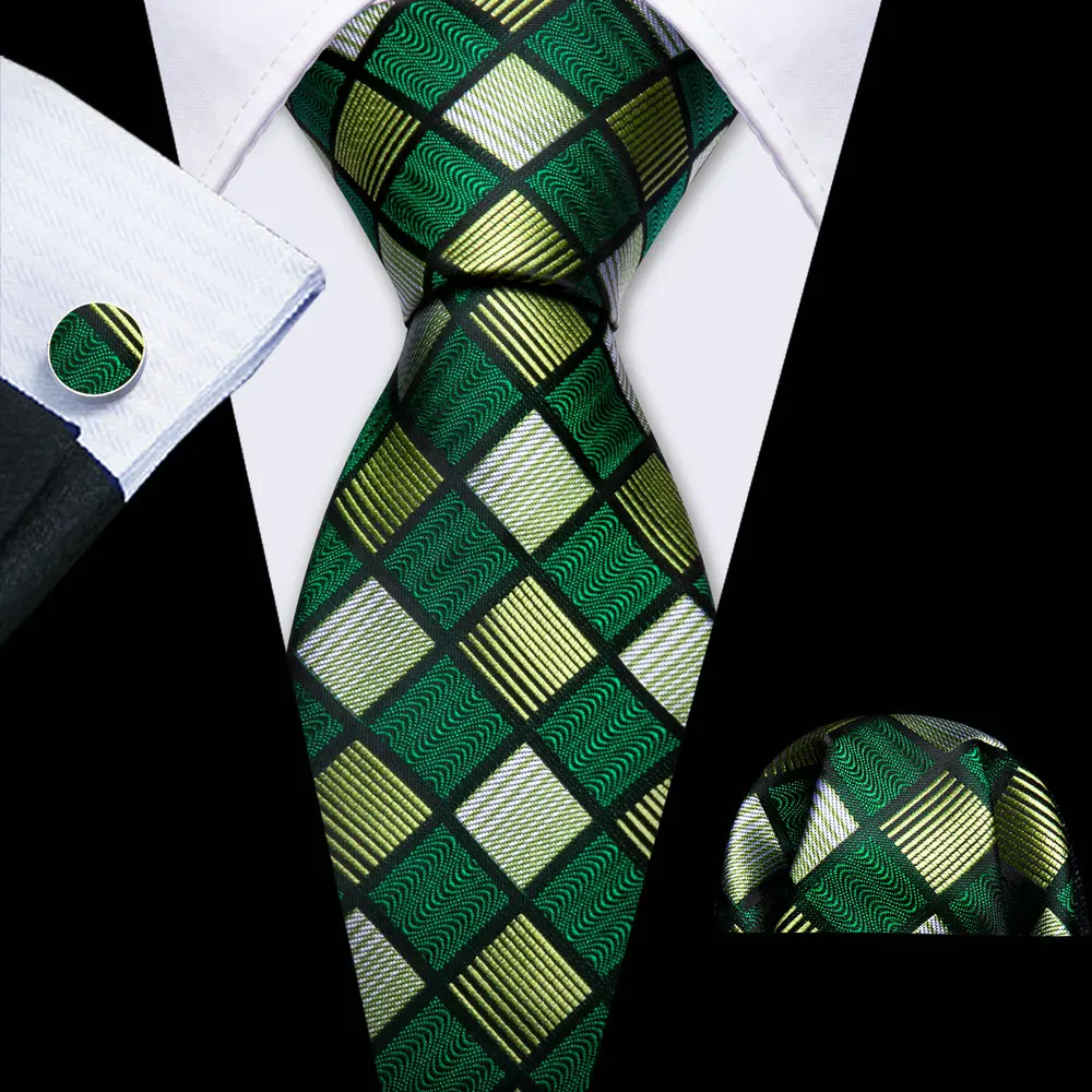 Men's Tie Brown Green With Pocket Square Cufflink Set New Plaid Silk Suit Necktie For Male Formal Designer Party Barry.Wang 6645 smile